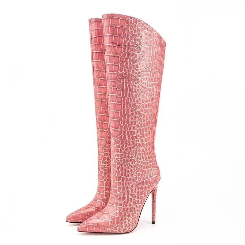 Pink Pointed Toe Crocodile Print Women's High Boots