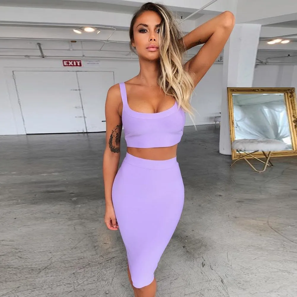 Purple 2 Piece Bandage Crop Top and Midi Skirt