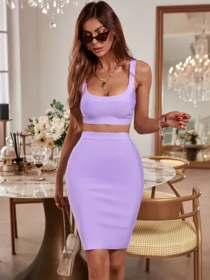 Purple 2 Piece Bandage Crop Top and Midi Skirt
