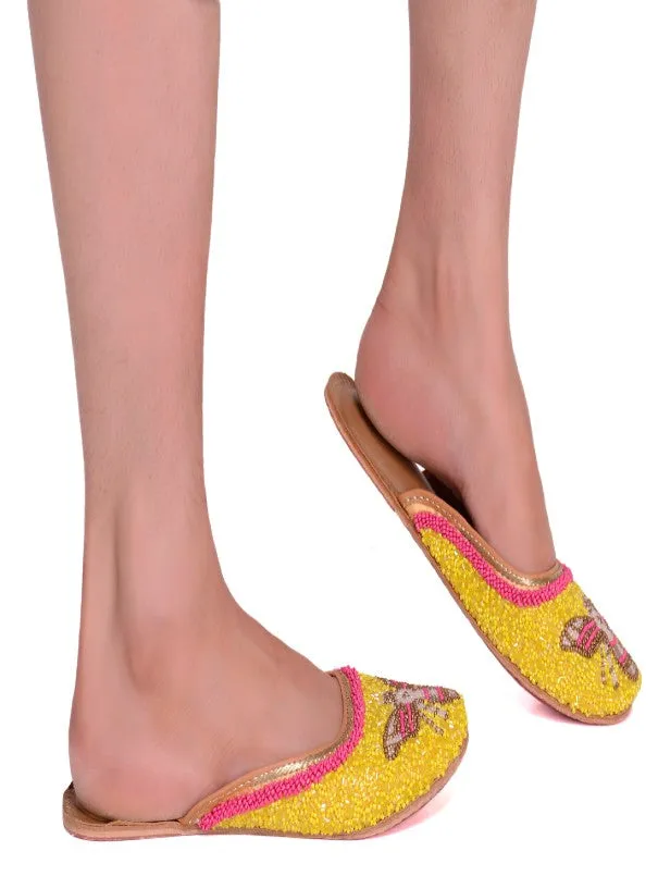 Queenbee - Yellow Embellished Polyester Open Mules