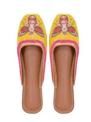 Queenbee - Yellow Embellished Polyester Open Mules