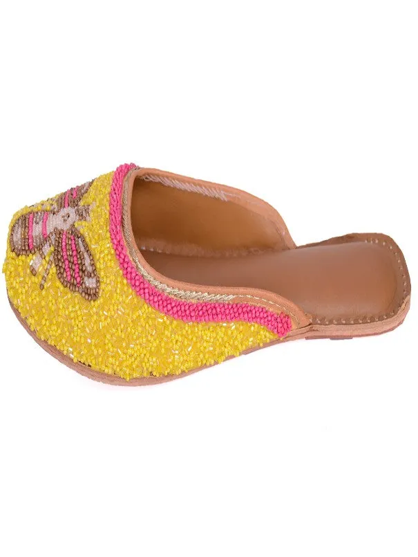 Queenbee - Yellow Embellished Polyester Open Mules