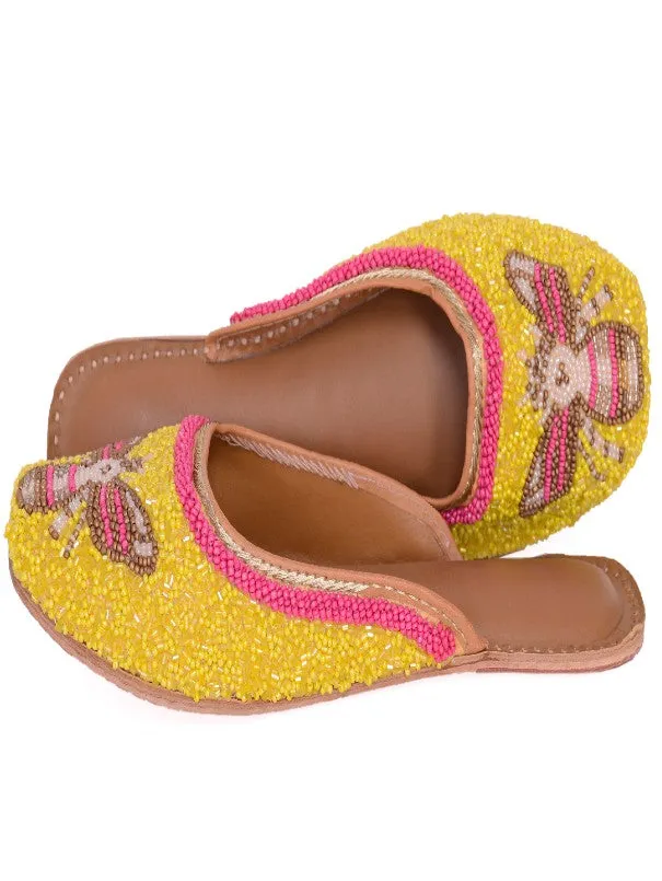 Queenbee - Yellow Embellished Polyester Open Mules