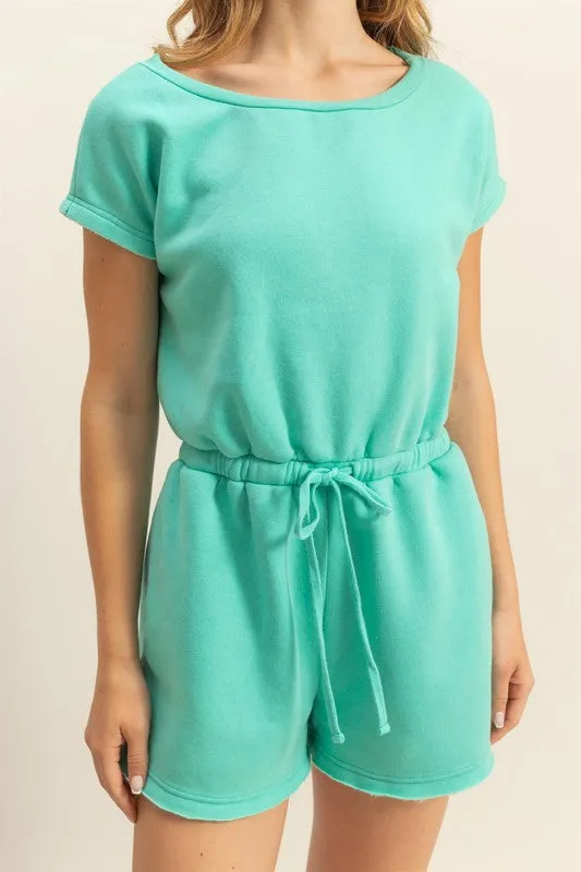 Round Neck Short Sleeve Drawstring Waist Romper