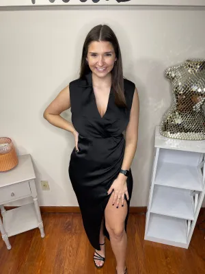 Satin Collared Side Slit Dress