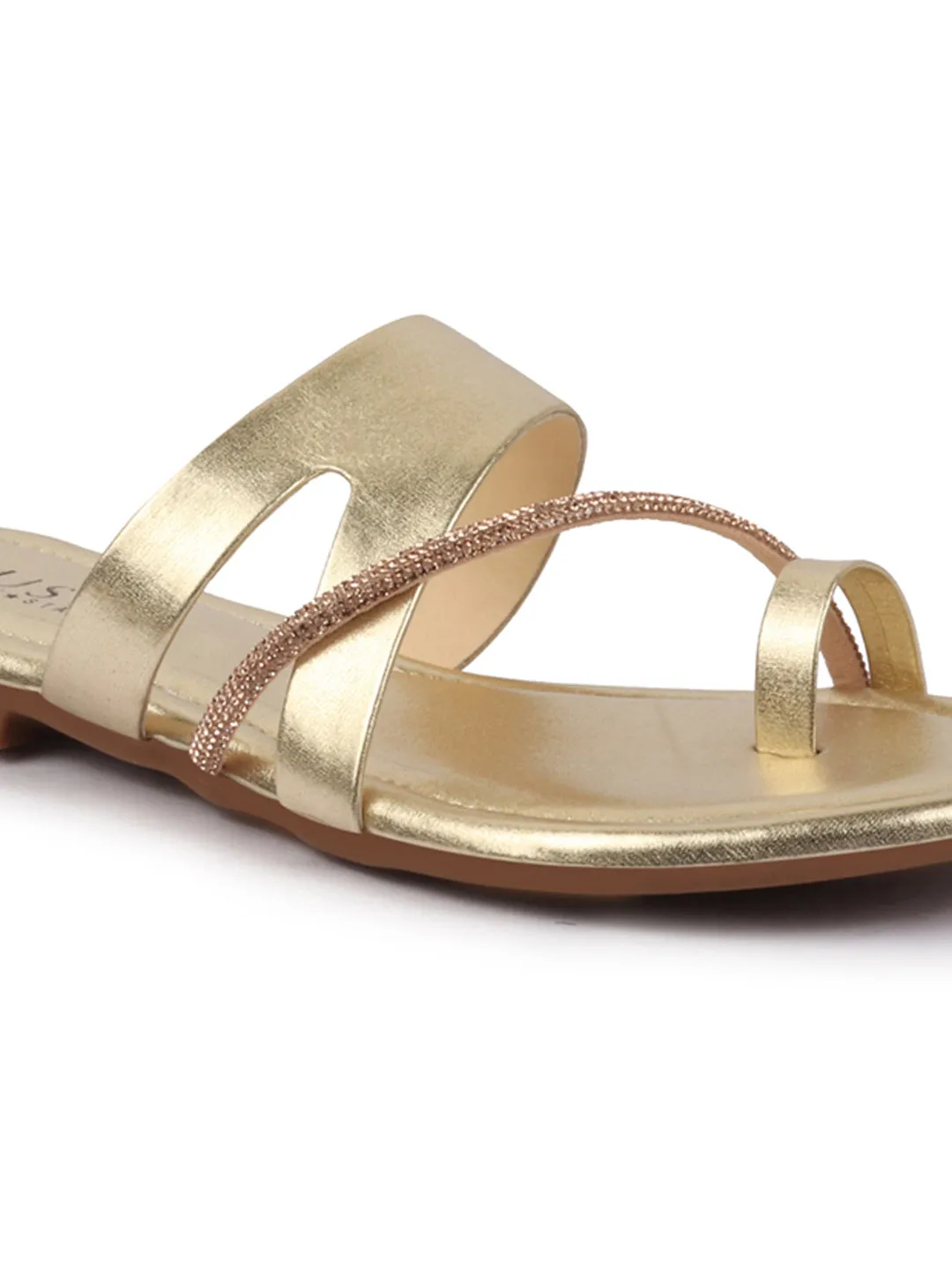 Women Gold Glossy Toe Ring Elastic Cross Strap Ethnic Slipper With Cushioned Footbed|Flat Slipper For Party|Festive|Wedding