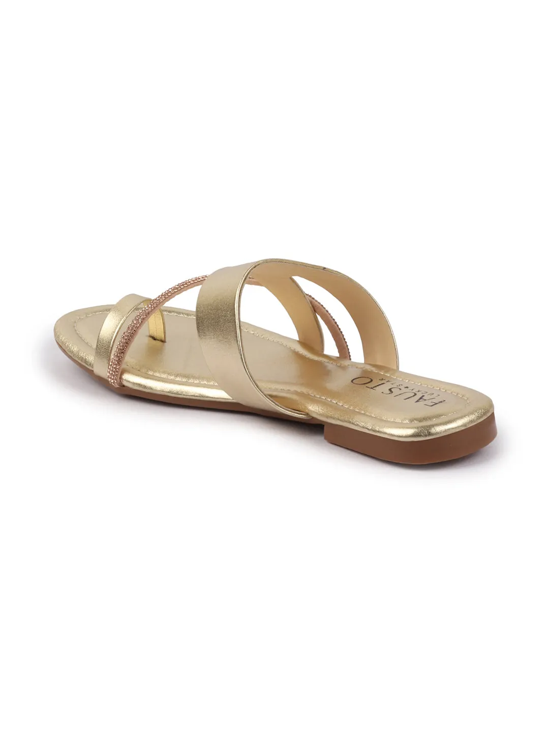 Women Gold Glossy Toe Ring Elastic Cross Strap Ethnic Slipper With Cushioned Footbed|Flat Slipper For Party|Festive|Wedding