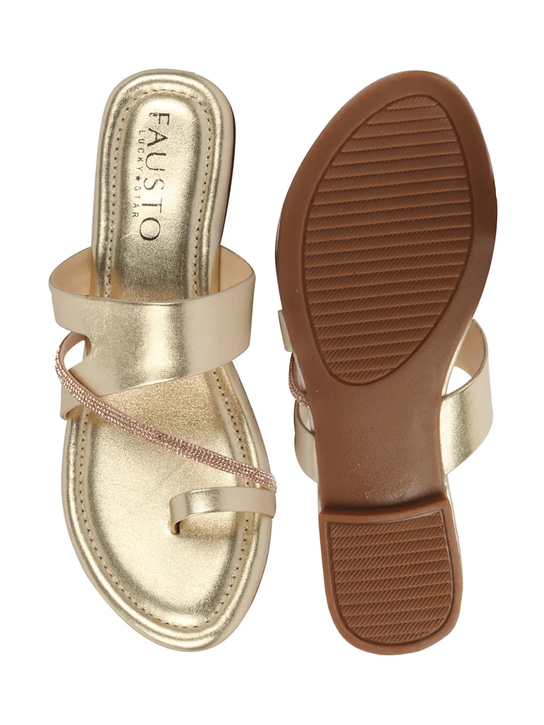 Women Gold Glossy Toe Ring Elastic Cross Strap Ethnic Slipper With Cushioned Footbed|Flat Slipper For Party|Festive|Wedding