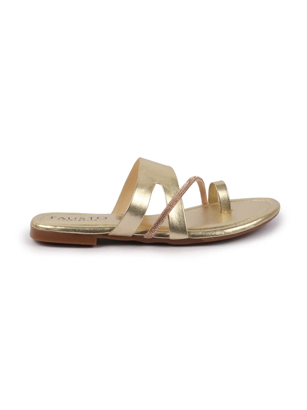 Women Gold Glossy Toe Ring Elastic Cross Strap Ethnic Slipper With Cushioned Footbed|Flat Slipper For Party|Festive|Wedding