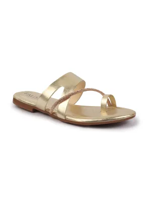 Women Gold Glossy Toe Ring Elastic Cross Strap Ethnic Slipper With Cushioned Footbed|Flat Slipper For Party|Festive|Wedding