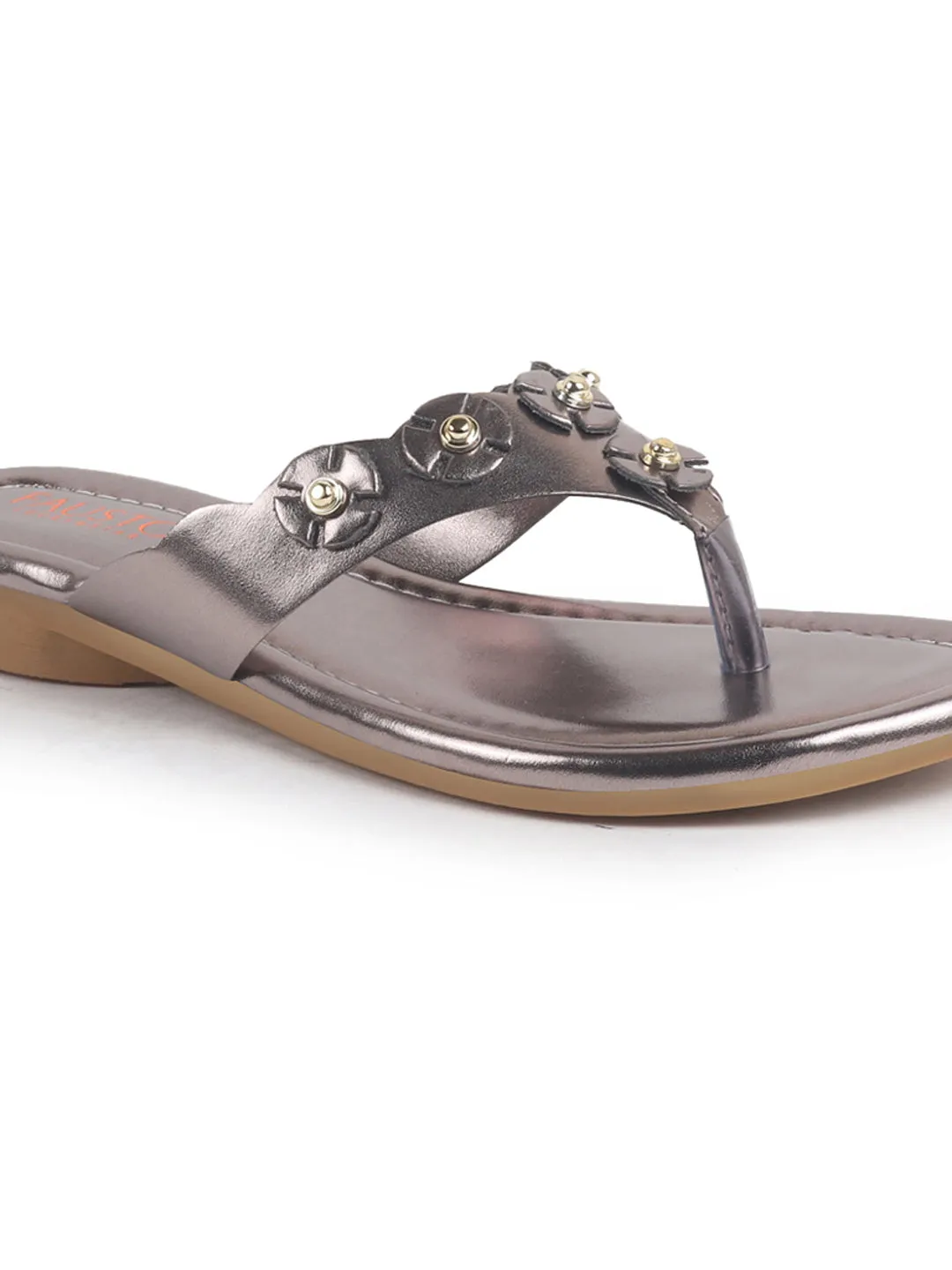 Women Gun Metal Glossy Platform Slip On Ethnic Slipper|Sandals for Party|Festival|Wedding