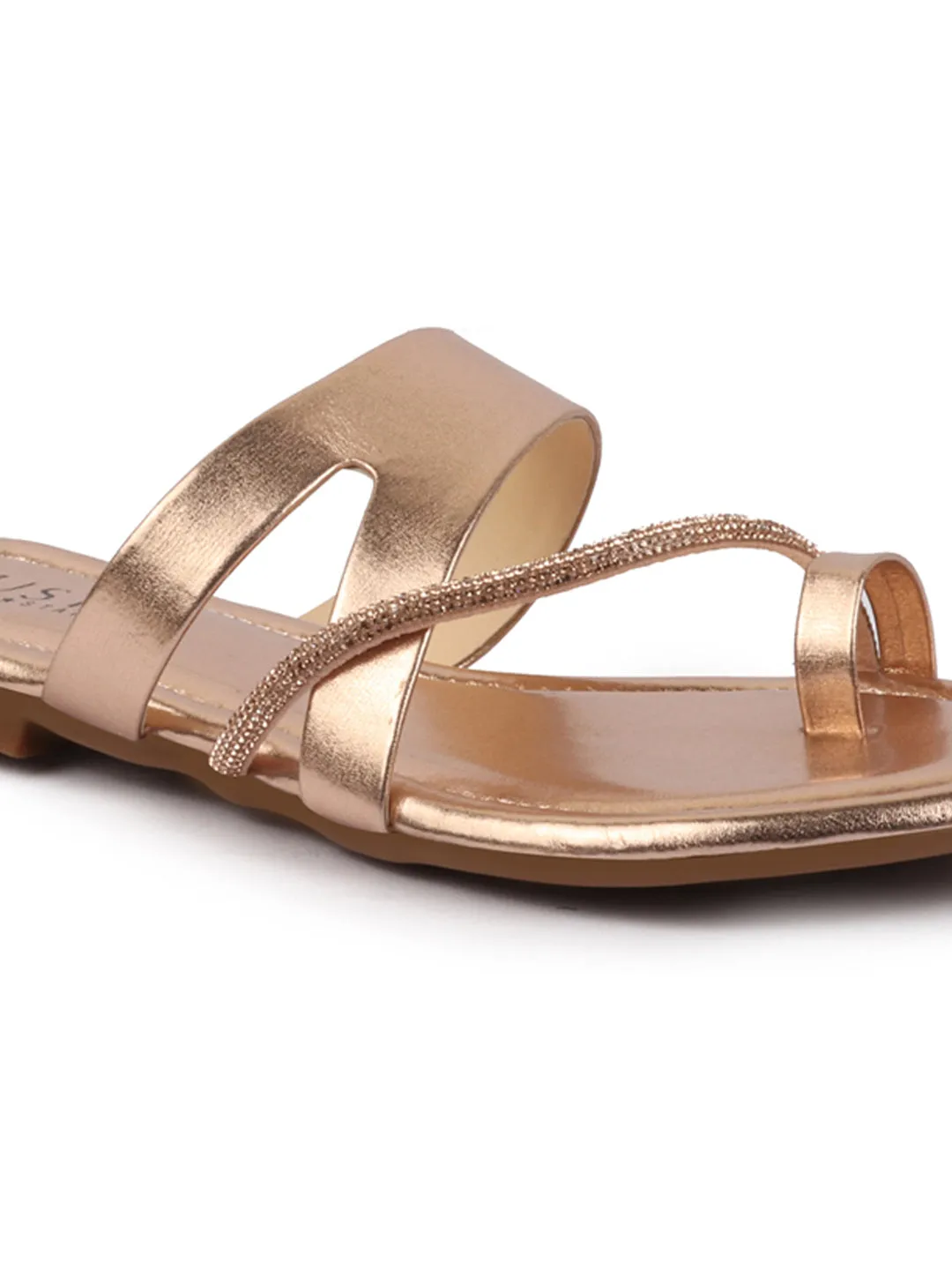 Women Rose Glossy Toe Ring Elastic Cross Strap Ethnic Slipper With Cushioned Footbed|Flat Slipper For Party|Festive|Wedding