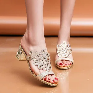 Women's Chunky Heel Rhinestone Hollow Out High Heel Sandals 18431189C
