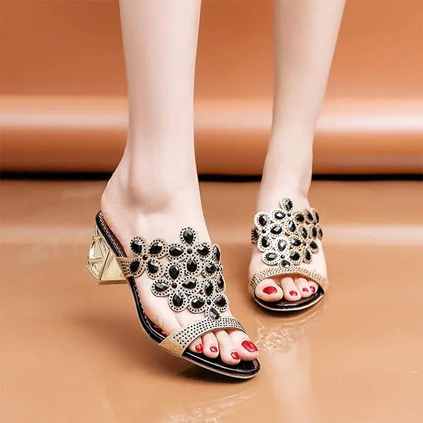 Women's Chunky Heel Rhinestone Hollow Out High Heel Sandals 18431189C